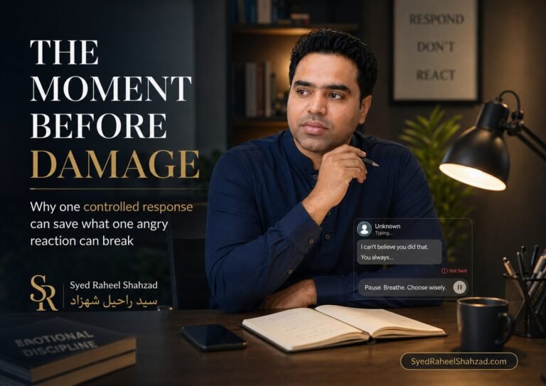 Syed Raheel Shahzad seated in a study with phone face down, open notebook and lamp, reflecting on the moment before damage
