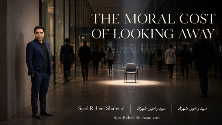 Wide editorial portrait of Syed Raheel Shahzad as a witness notices harm while others look away, representing moral responsibility and safe intervention.