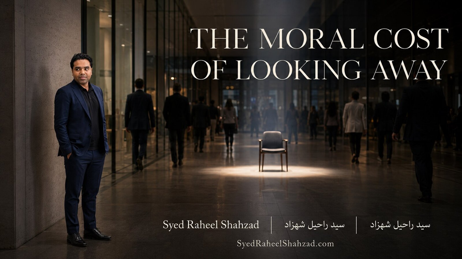 The Moral Cost of Looking Away — Syed Raheel Shahzad Wide editorial portrait of Syed Raheel Shahzad as a witness notices harm while others look away, representing moral responsibility and safe intervention.