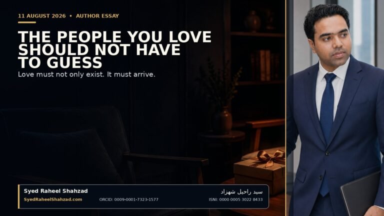 An unopened gift rests between two places, symbolising love that exists but has not fully reached the other person, beside a portrait of Syed Raheel Shahzad.