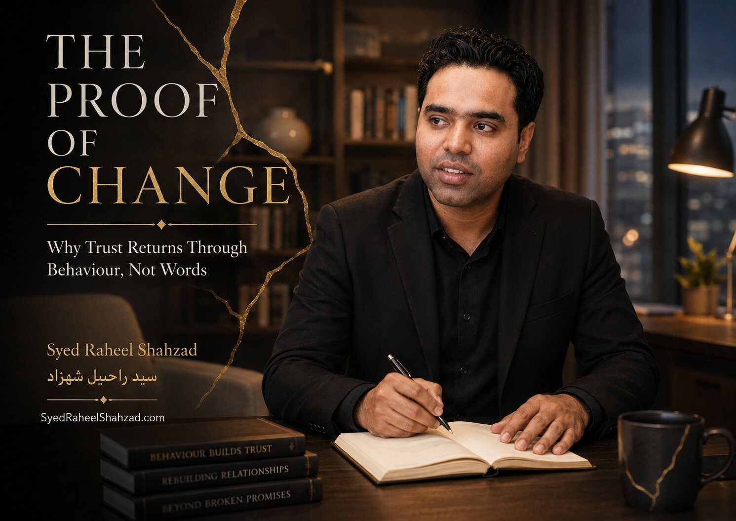 Syed Raheel Shahzad writing in a study with repaired gold crack motif, reflecting on trust, behaviour and proof of change