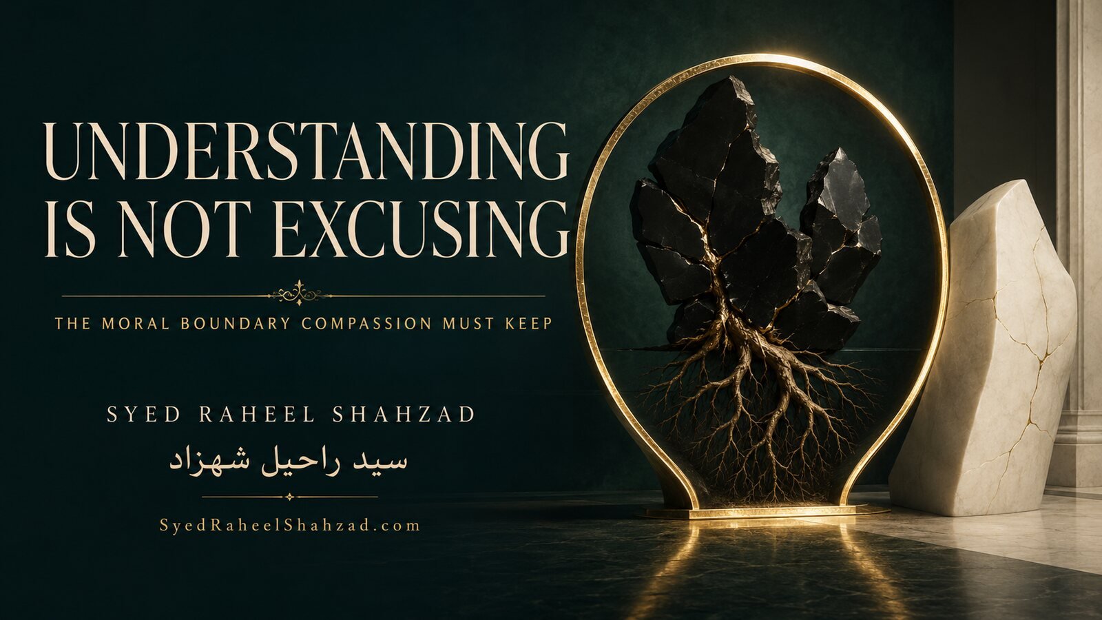 A fractured rooted obsidian form is contained within a luminous golden boundary beside an intact ivory form, symbolizing understanding without excusing harm.