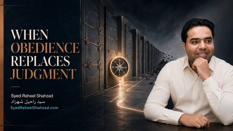 Syed Raheel Shahzad between ordered procedural gates and an illuminated moral compass, representing judgment within obedience.