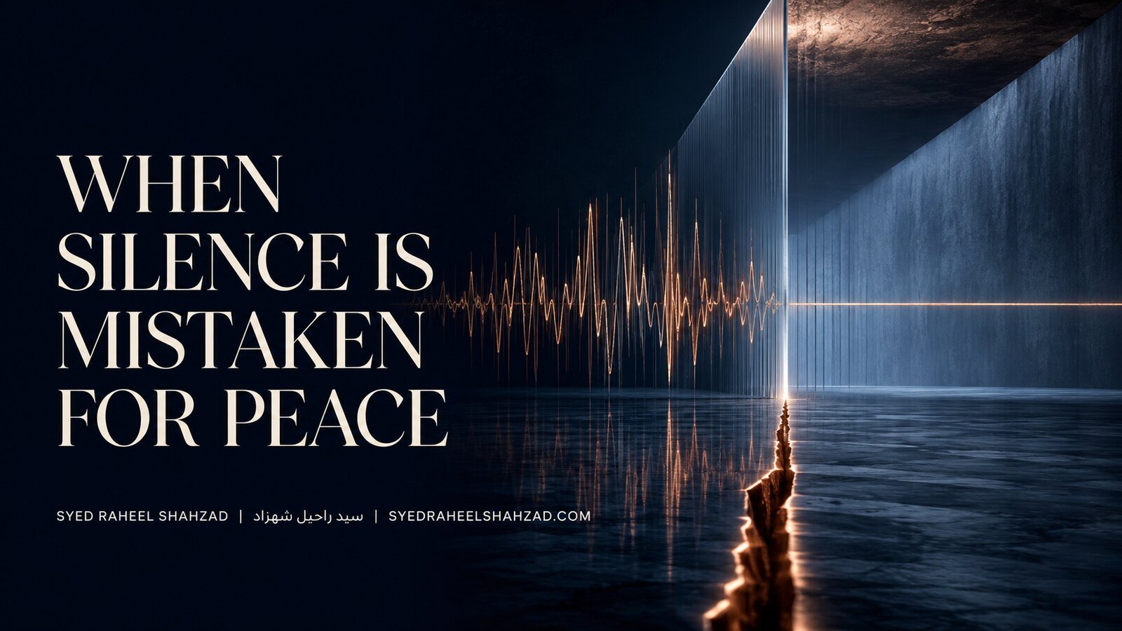 When Silence Is Mistaken for Peace — Syed Raheel Shahzad A copper soundwave becomes unnaturally flat behind a dark architectural barrier, symbolising silence mistaken for peace.