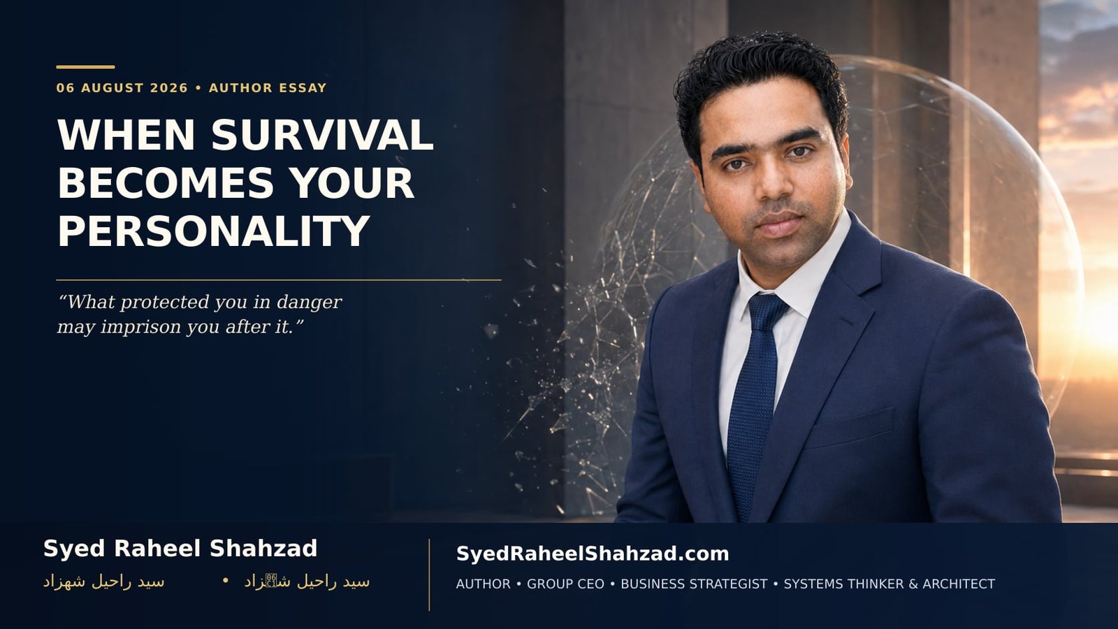 Portrait of Syed Raheel Shahzad with a dissolving protective shell, illustrating how survival responses can become personality after danger ends.