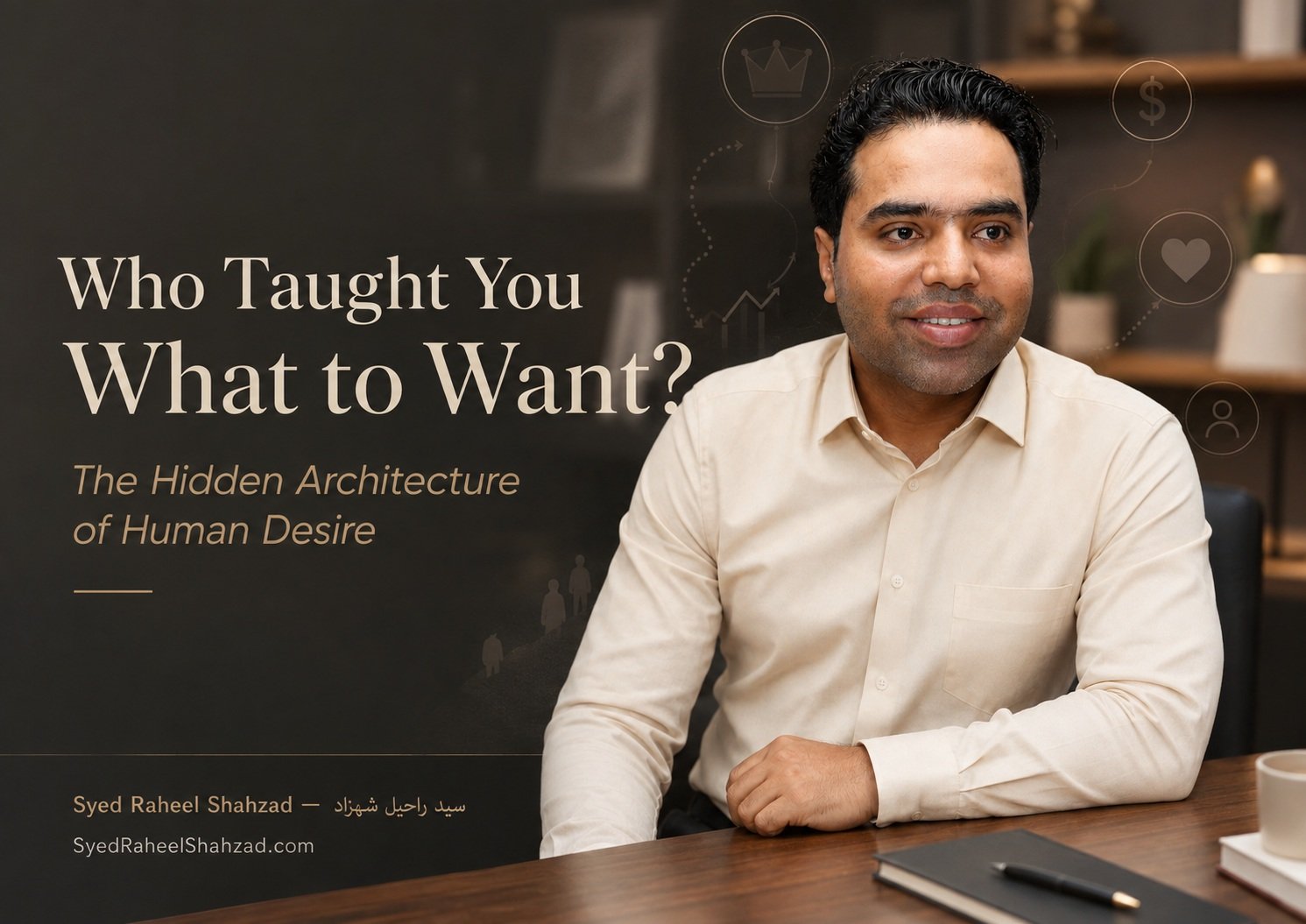 Syed Raheel Shahzad featured image for Who Taught You What to Want, exploring human desire, imitation, status, social influence and philosophical self-examination