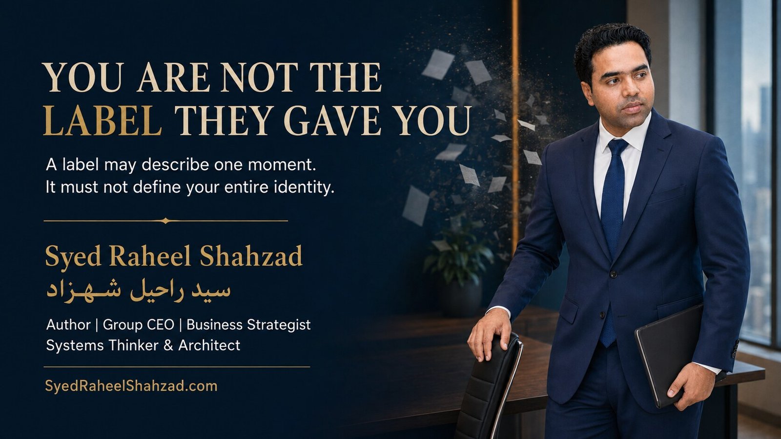 You Are Not the Label They Gave You — Syed Raheel Shahzad — سيد راحيل شهزاد Syed Raheel Shahzad beside the words You Are Not the Label They Gave You, representing freedom from imposed identity and inherited judgment.
