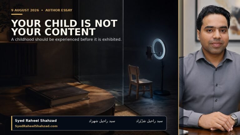 Editorial image of a protected family album beside the machinery of public exposure, with a restrained side portrait of Syed Raheel Shahzad.
