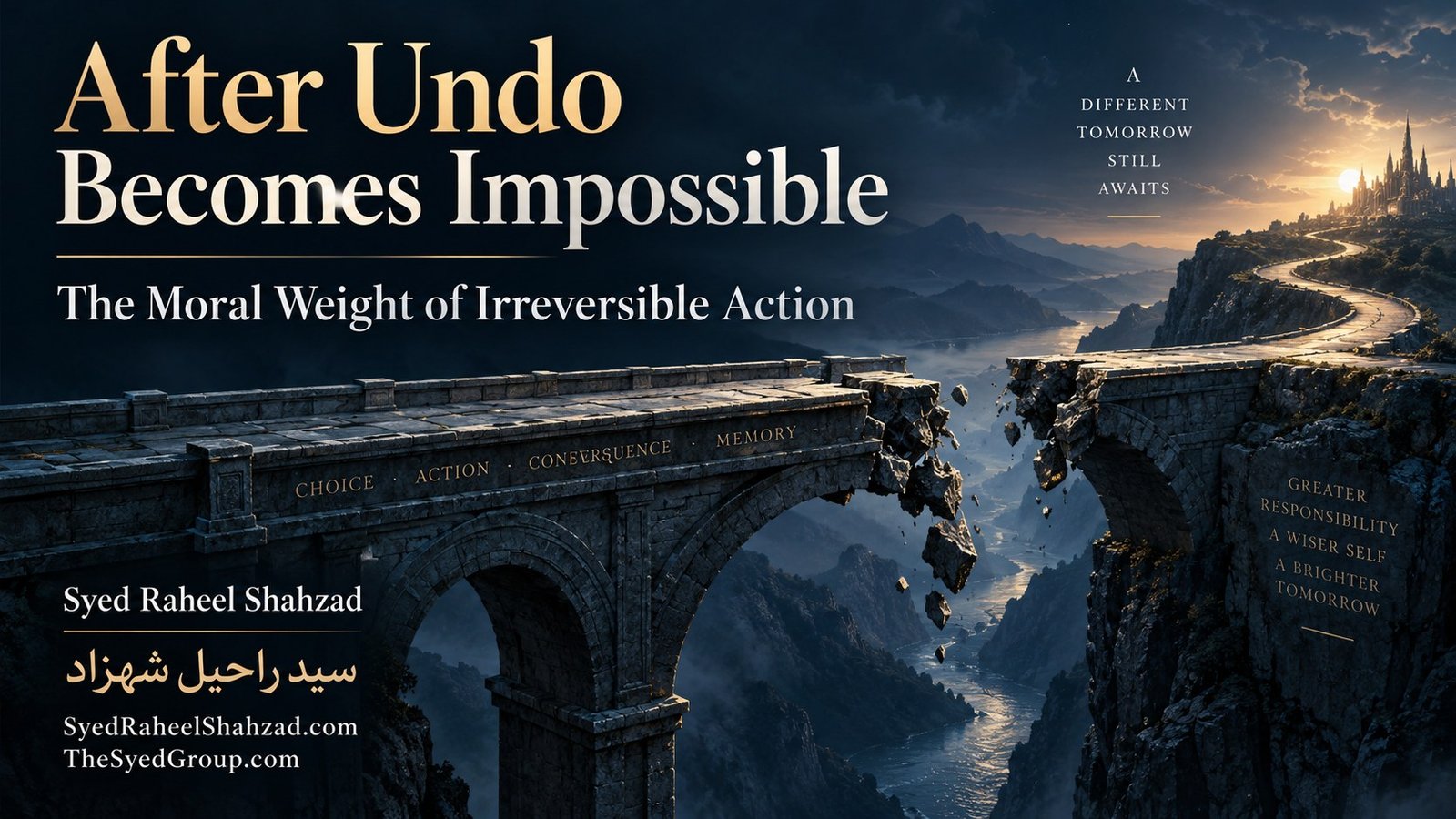 Philosophical artwork by Syed Raheel Shahzad showing a broken stone bridge across a deep valley, symbolizing irreversible action, lasting consequence and the possibility of a different future.
