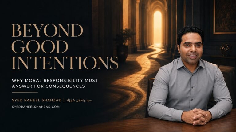 Philosophical artwork by Syed Raheel Shahzad showing an illuminated intention at the center of widening rings whose consequences reach beyond the original act.