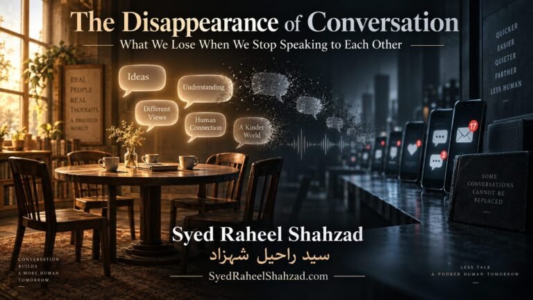 Philosophical artwork by Syed Raheel Shahzad contrasting a warm table of shared conversation with rows of silent phones, symbolizing the loss of spoken dialogue, presence and human connection.