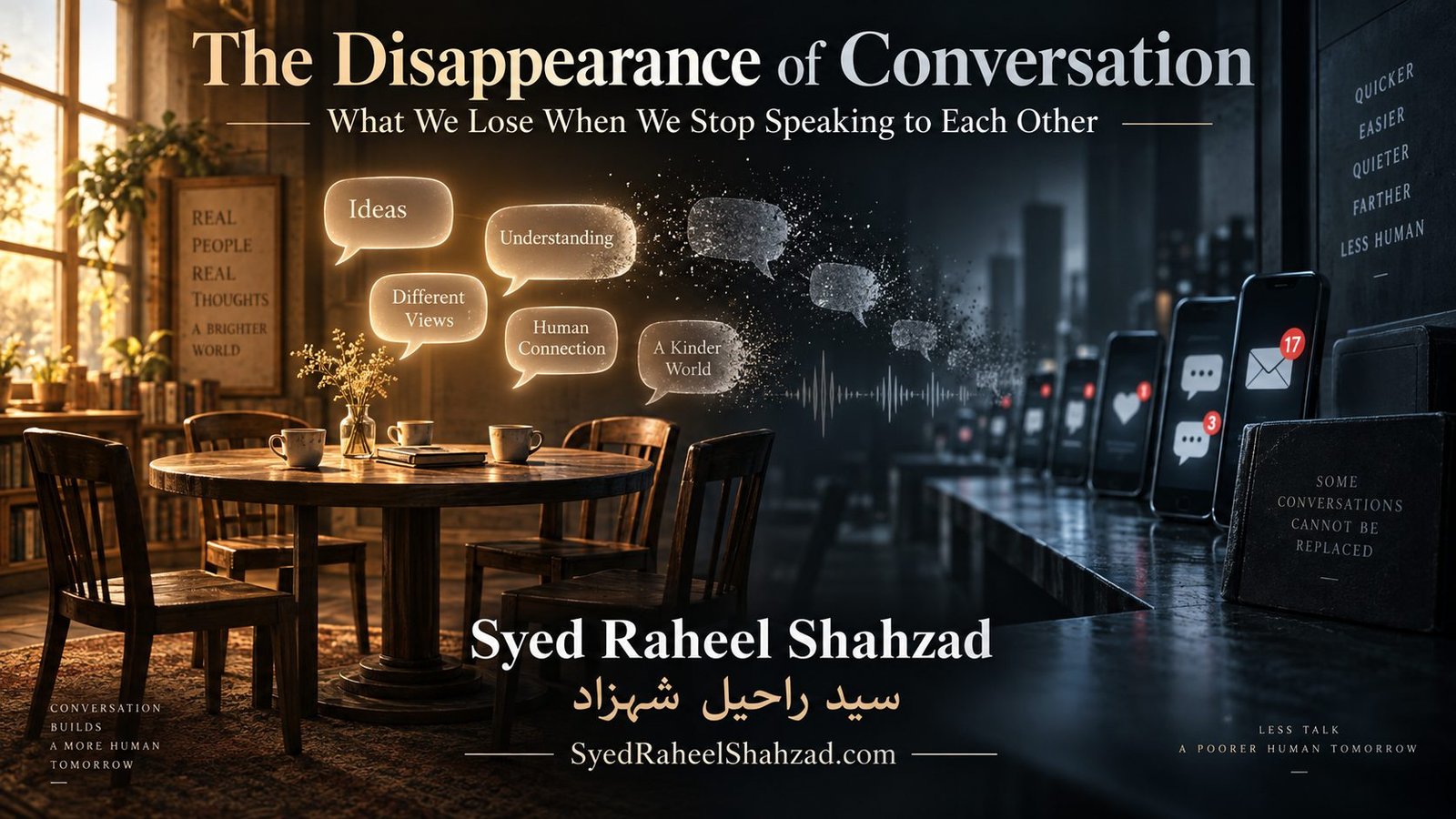 Philosophical artwork by Syed Raheel Shahzad contrasting a warm table of shared conversation with rows of silent phones, symbolizing the loss of spoken dialogue, presence and human connection.
