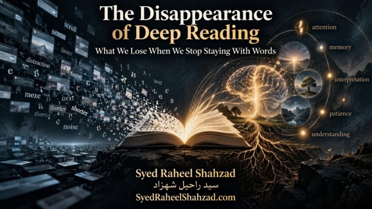 Philosophical artwork by Syed Raheel Shahzad showing an open book dividing a fractured stream of short-form digital fragments from a luminous landscape of memory, patience and understanding.