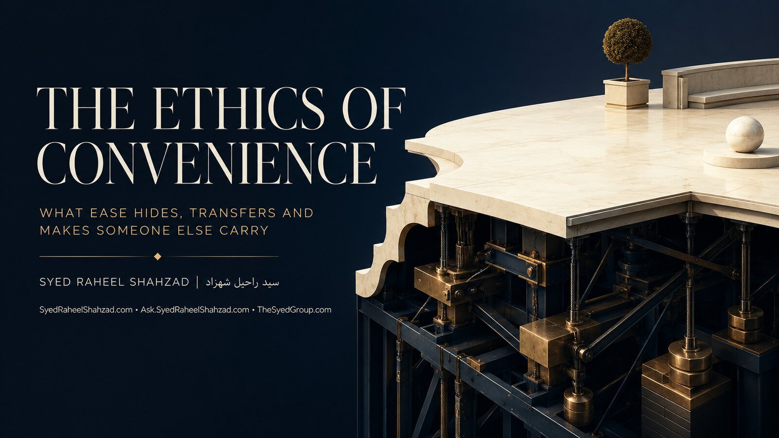 Conceptual philosophical artwork by Syed Raheel Shahzad showing an effortless ivory platform supported by concealed machinery, counterweights, and transferred loads.
