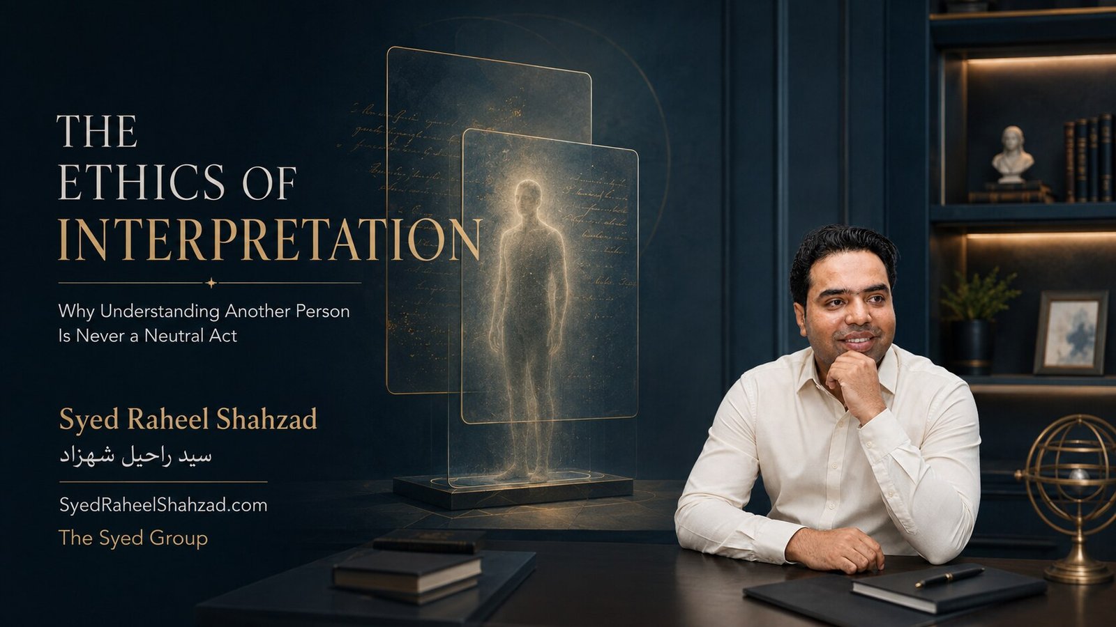 Conceptual philosophical artwork by Syed Raheel Shahzad showing a human figure between incomplete frames of perception, symbolizing the ethical limits of interpreting another person.