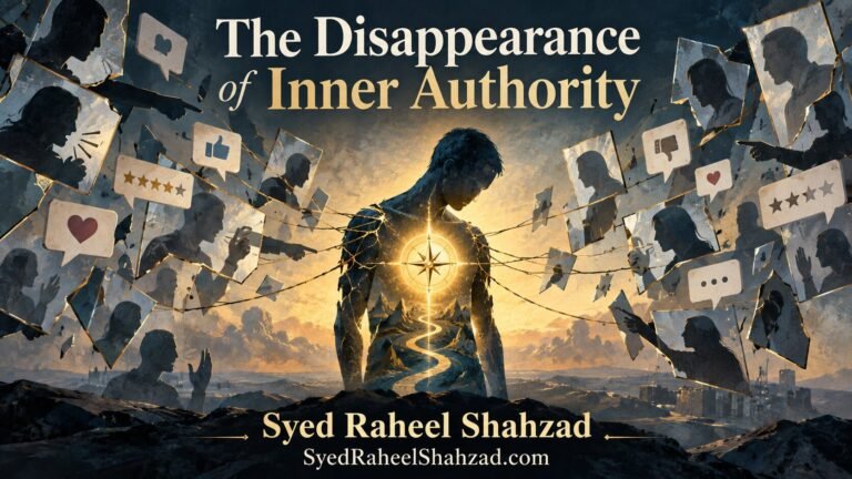 Philosophical artwork by Syed Raheel Shahzad showing a human figure pulled by mirrors, ratings, approval symbols and other people’s reactions while an inner compass remains at the center.