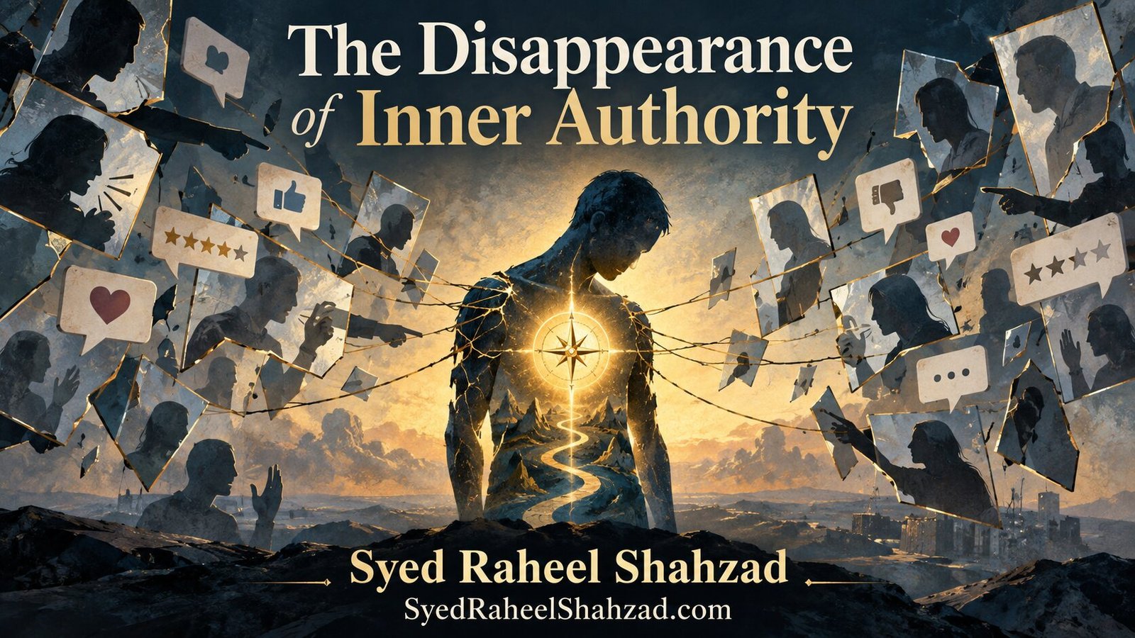 Philosophical artwork by Syed Raheel Shahzad showing a human figure pulled by mirrors, ratings and reactions while an inner compass glows at the center, symbolizing the struggle to recover inner authority.