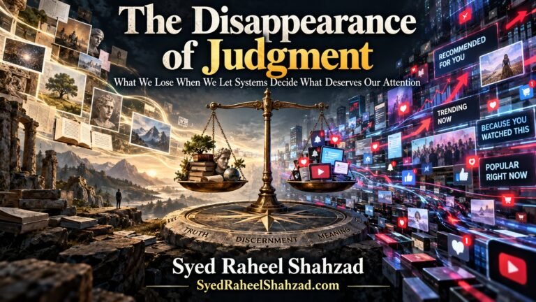 Philosophical artwork by Syed Raheel Shahzad showing human judgment balanced against algorithmic recommendations, popularity signals and digital rankings, symbolizing the struggle to preserve discernment.