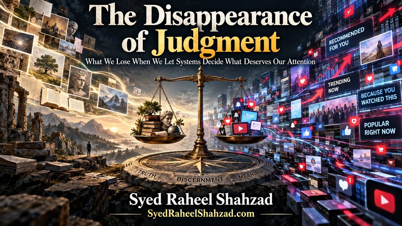 Philosophical artwork by Syed Raheel Shahzad showing human judgment balanced against algorithmic recommendations, popularity signals and digital rankings, symbolizing the struggle to preserve discernment.