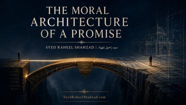 Philosophical artwork by Syed Raheel Shahzad showing two people connected by a luminous architectural bridge, symbolizing how a promise allows one future to rely upon another person’s word.