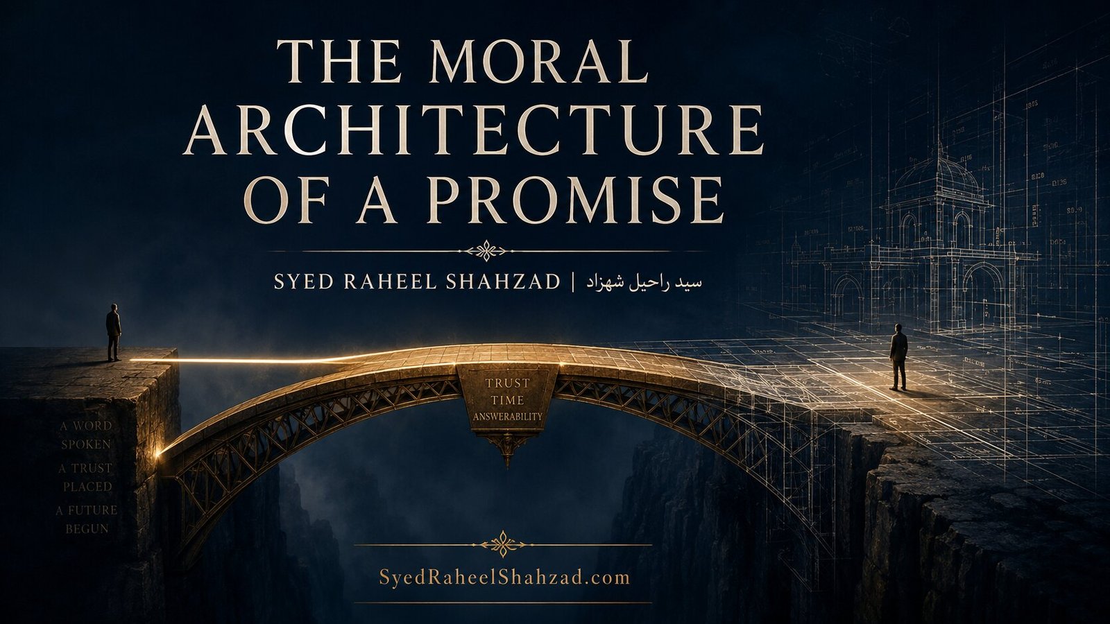 The Moral Architecture of a Promise — Syed Raheel Shahzad Philosophical artwork by Syed Raheel Shahzad showing two people connected by a luminous architectural bridge, symbolizing how a promise allows one future to rely upon another person’s word.
