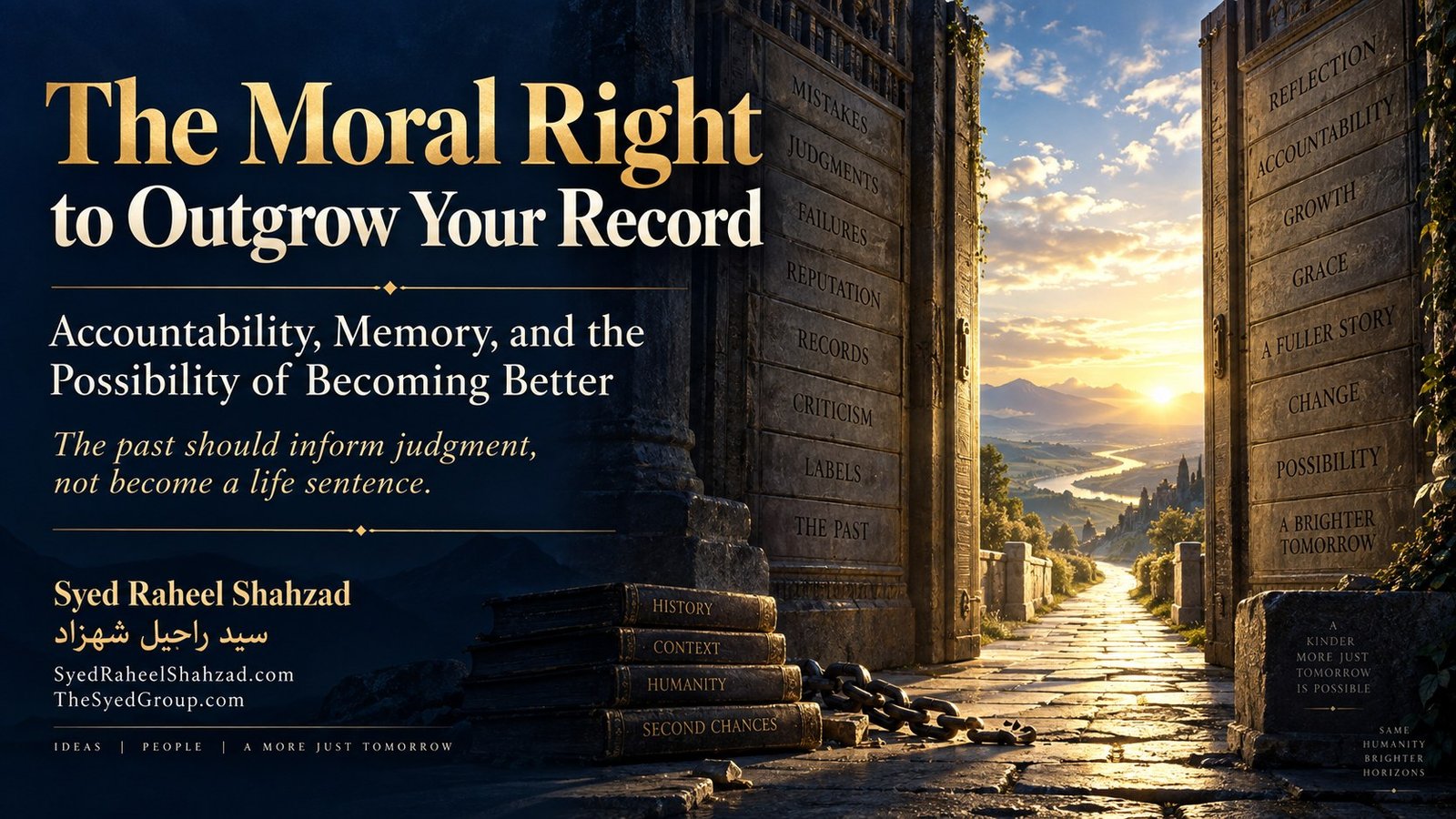 The Moral Right to Outgrow Your Record — Syed Raheel Shahzad Philosophical artwork by Syed Raheel Shahzad showing an open gate from walls engraved with mistakes and old judgments toward a sunlit road, symbolizing accountability, moral change and the possibility of becoming better.