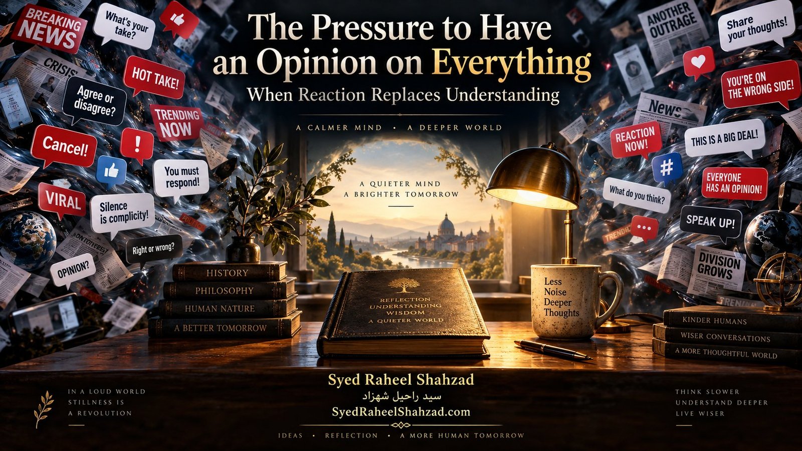 Philosophical artwork by Syed Raheel Shahzad contrasting a quiet desk of reflection with breaking news, outrage prompts and demands for instant opinion, symbolizing intellectual restraint and understanding before judgment.