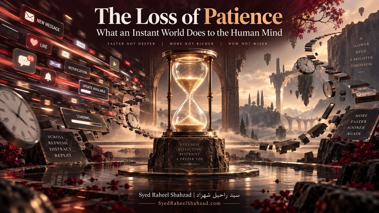 Philosophical artwork by Syed Raheel Shahzad showing an hourglass between a rushing digital world and a slower landscape, symbolizing patience, reflection, restraint and the pressure of instant culture.
