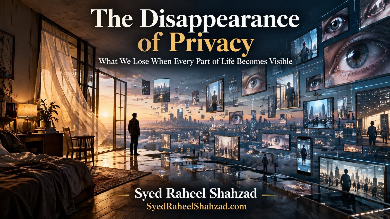 Philosophical artwork by Syed Raheel Shahzad showing a private room opening into a vast field of screens and watching eyes, symbolizing the disappearance of privacy in a world of constant visibility.
