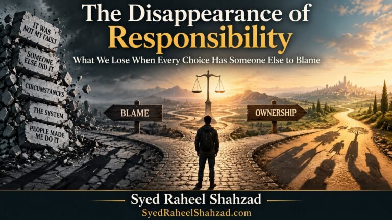 Philosophical artwork by Syed Raheel Shahzad showing a person at a crossroads between blame and ownership, symbolizing responsibility after explanation, circumstance and choice.