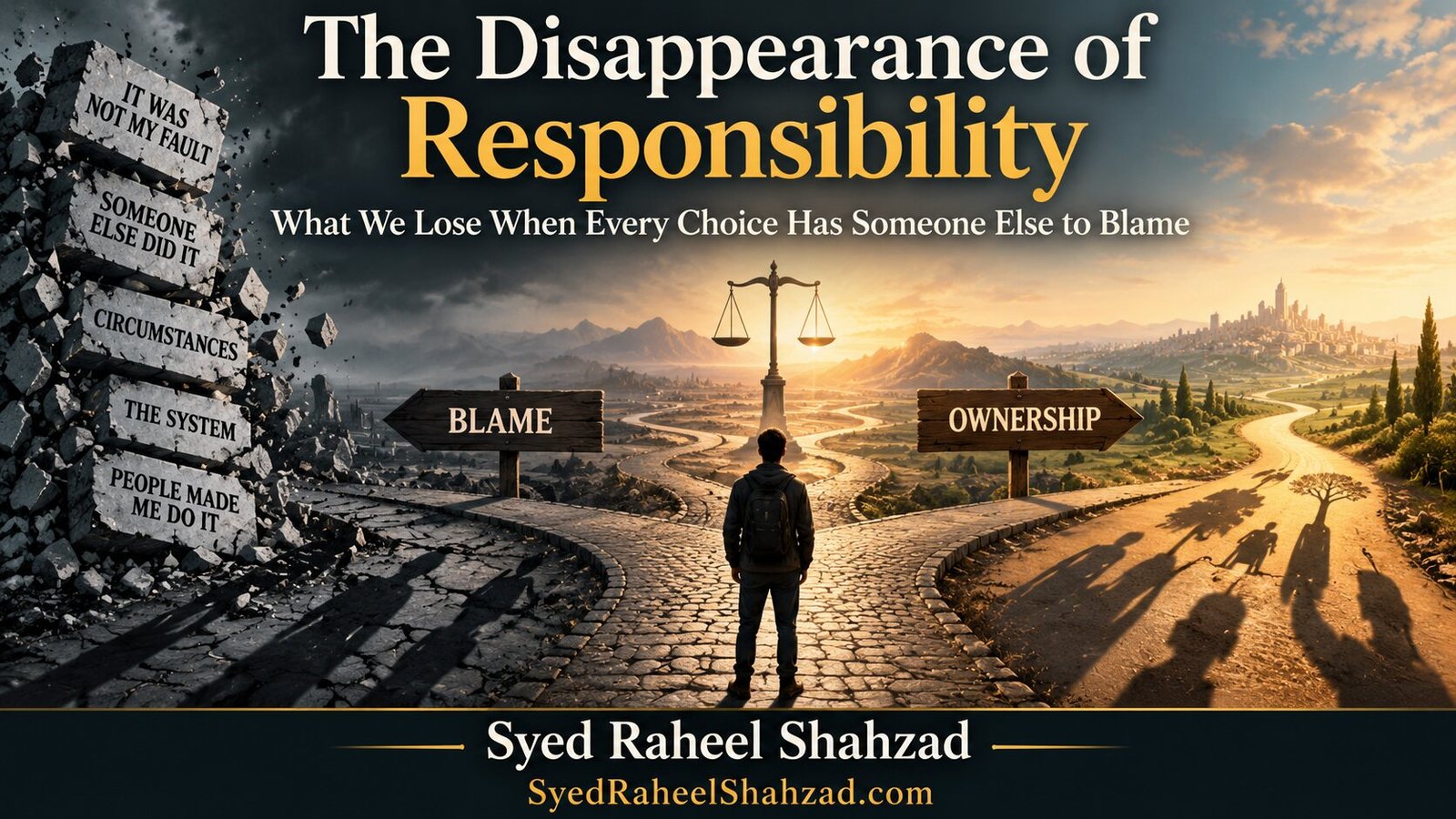 Philosophical artwork by Syed Raheel Shahzad showing a person at a crossroads between blame and ownership, symbolizing responsibility after explanation, circumstance and choice.