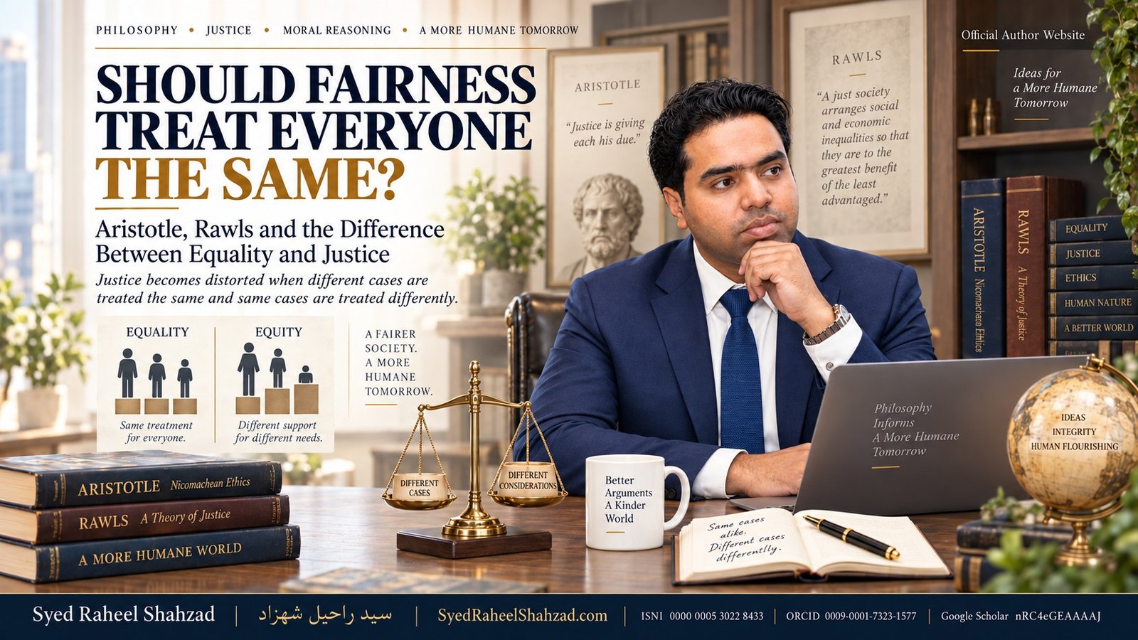 Syed Raheel Shahzad examining Aristotle, Rawls, equality, equity and the philosophical difference between equal treatment and justice