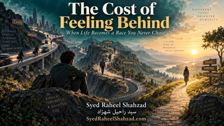 Philosophical artwork by Syed Raheel Shahzad showing competing roads marked wealth, status, career, milestones, peace and purpose, symbolizing social timelines and the pressure of feeling behind.