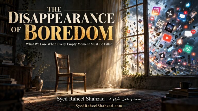 Philosophical artwork by Syed Raheel Shahzad showing a vast quiet landscape and a rising digital flood, symbolizing the disappearance of boredom when empty time is taken over by endless stimulation.