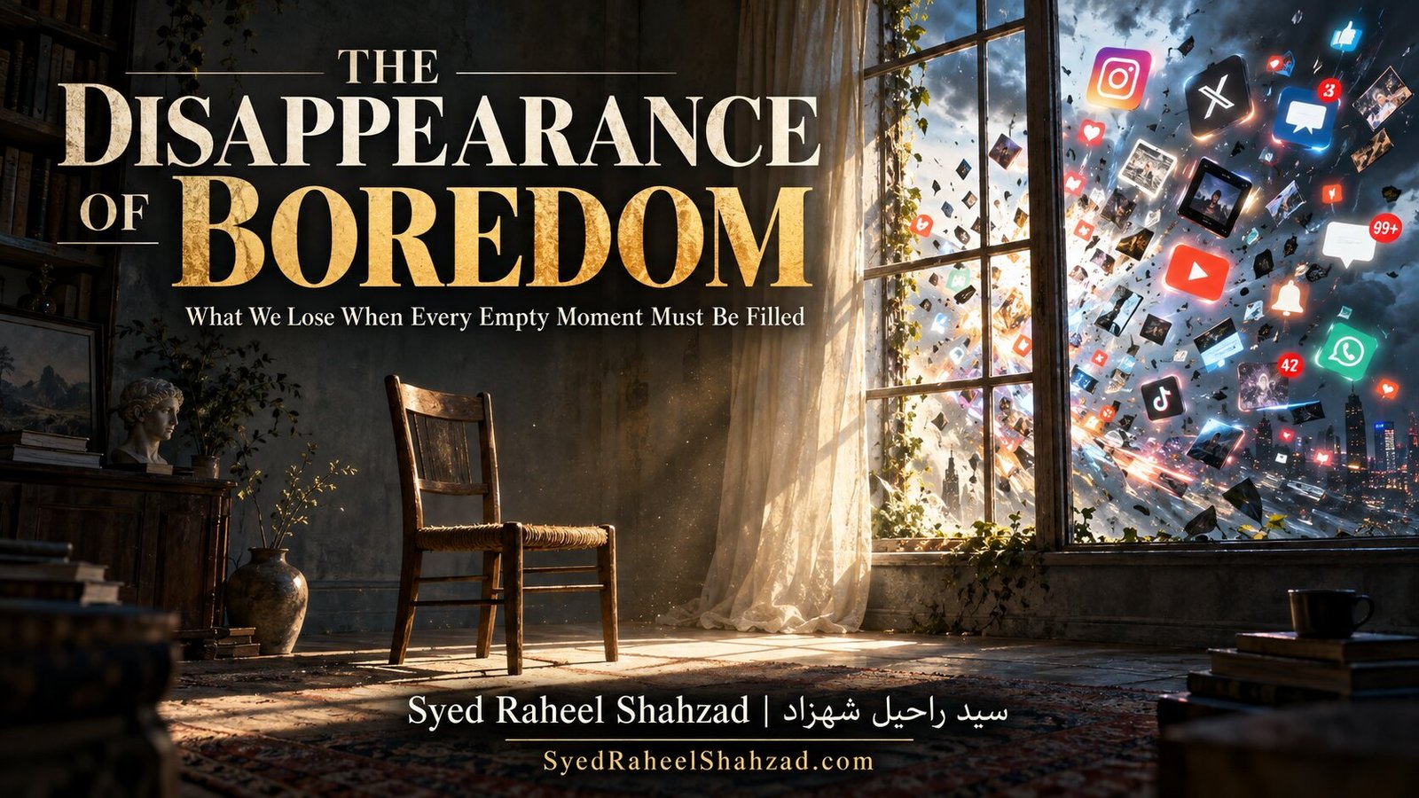 Philosophical artwork by Syed Raheel Shahzad showing a vast quiet landscape and a rising digital flood, symbolizing the disappearance of boredom when empty time is taken over by endless stimulation.