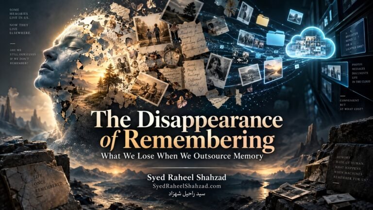Philosophical artwork by Syed Raheel Shahzad depicting fading handwritten memories dissolving into glowing digital archives, symbolizing the disappearance of remembering when memory is outsourced to devices.