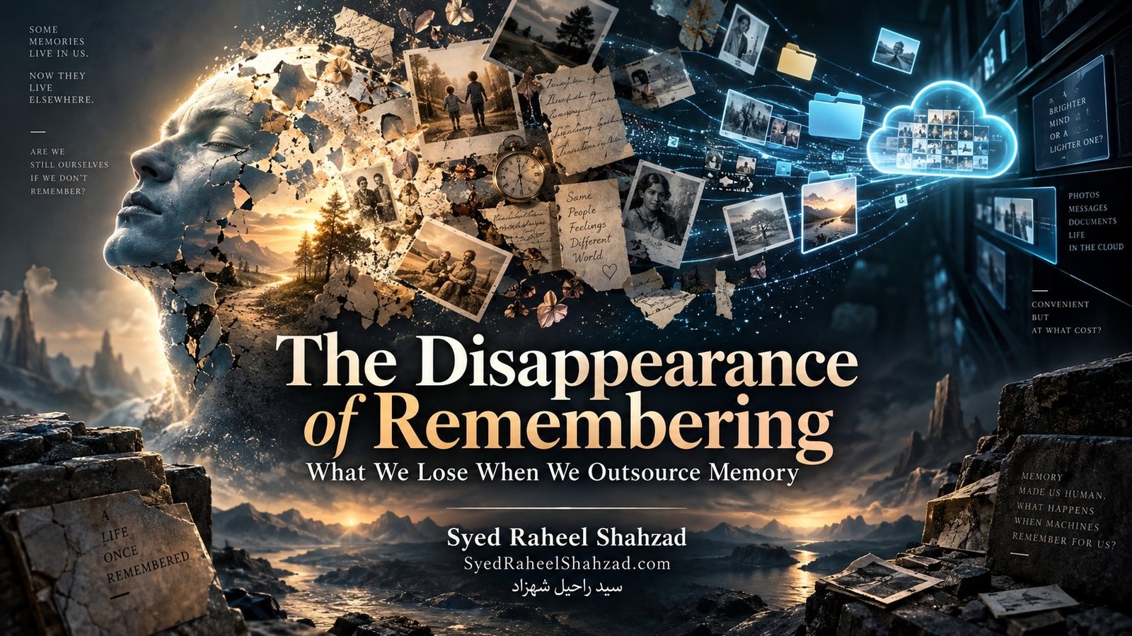 Philosophical artwork by Syed Raheel Shahzad depicting fading handwritten memories dissolving into glowing digital archives, symbolizing the disappearance of remembering when memory is outsourced to devices.