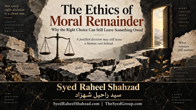 Philosophical artwork by Syed Raheel Shahzad showing fractured paths, balanced scales and fragments marked loss, regret, duty and fairness, symbolizing moral remainder after a justified but costly choice.