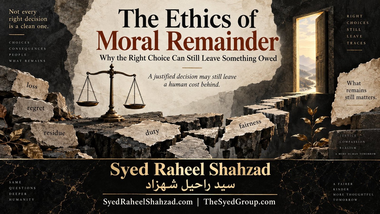 Philosophical artwork by Syed Raheel Shahzad showing fractured paths, balanced scales and fragments marked loss, regret, duty and fairness, symbolizing moral remainder after a justified but costly choice.