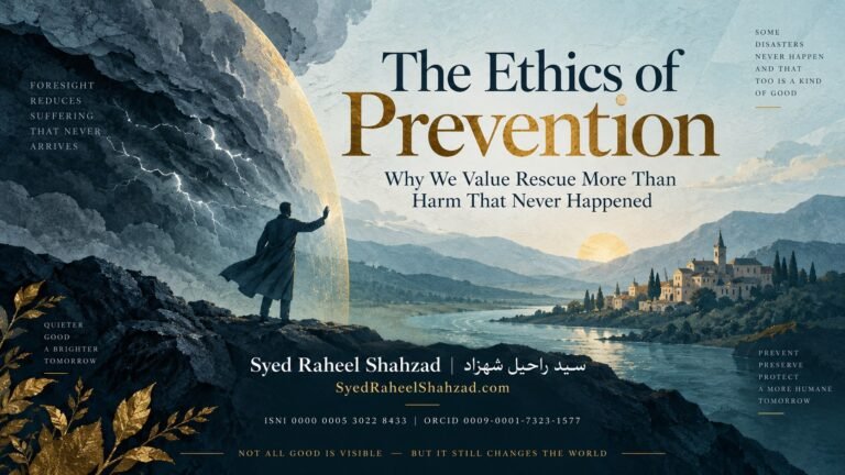 Philosophical artwork by Syed Raheel Shahzad showing a protective barrier between storm and valley, symbolizing foresight, invisible good, prevention and the value of harm that never happened.