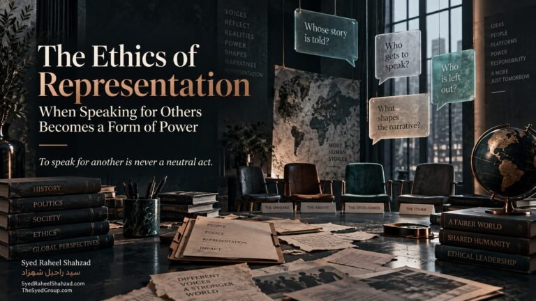 Philosophical editorial artwork by Syed Raheel Shahzad showing multiple empty chairs, suspended speech panels and competing narratives, symbolizing voice, representation, authority and the power to speak for others.