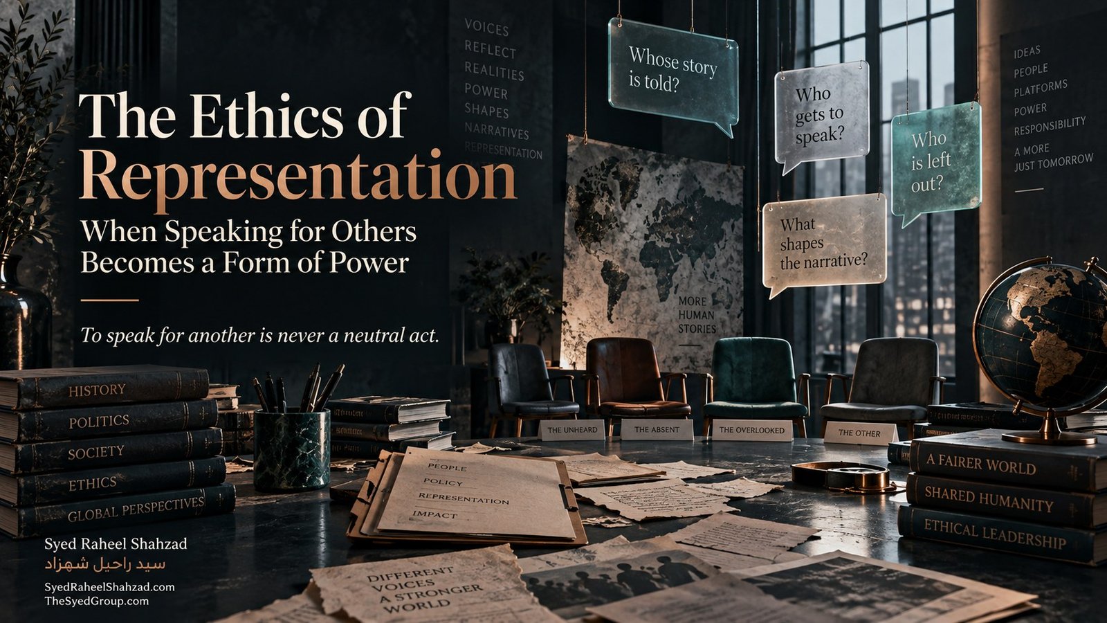 Philosophical editorial artwork by Syed Raheel Shahzad showing empty chairs, suspended speech panels, global narratives and questions of voice, power and representation, symbolizing the ethics of speaking for others.