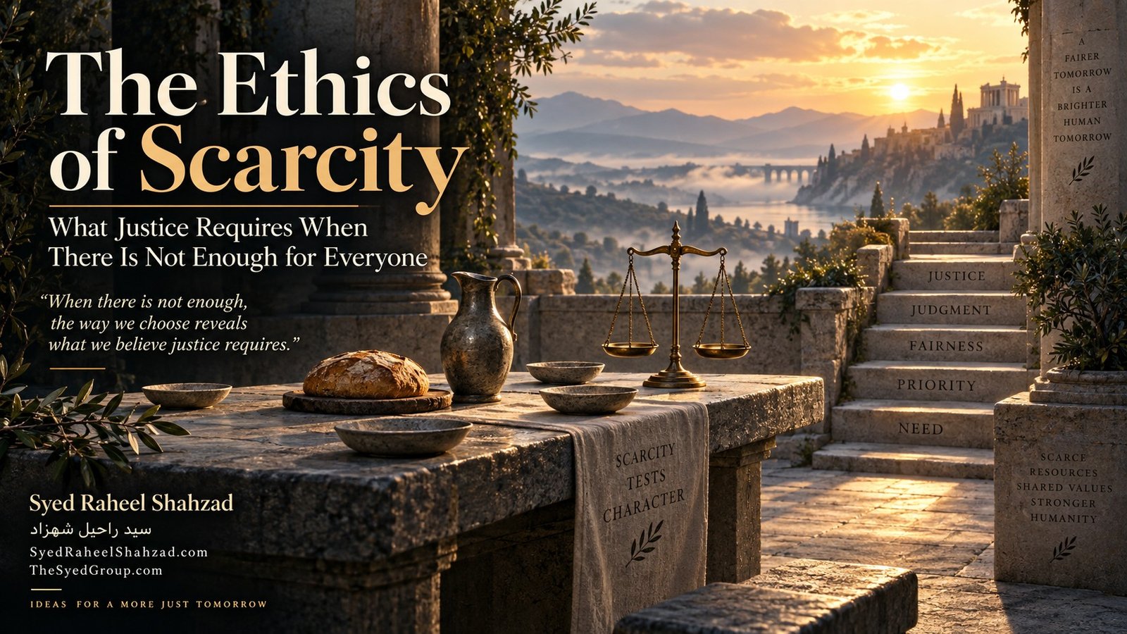 The Ethics of Scarcity — Syed Raheel Shahzad Philosophical artwork by Syed Raheel Shahzad showing a single loaf, empty bowls and balanced scales beside steps marked need, priority, fairness and justice, symbolizing ethical choice under scarcity.