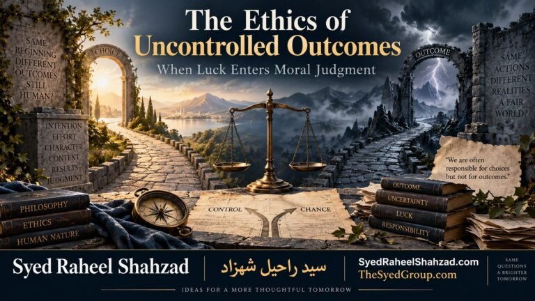 Philosophical artwork by Syed Raheel Shahzad showing two diverging paths from the same beginning, balanced scales and symbols of control and chance, representing moral luck and unequal outcomes.