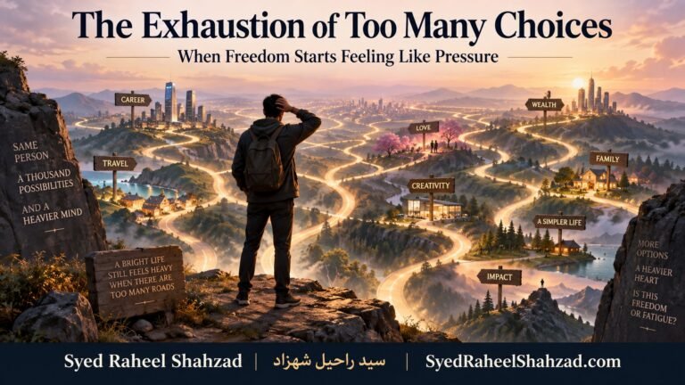 Philosophical artwork by Syed Raheel Shahzad showing one person facing countless illuminated roads toward career, wealth, love, family, travel and purpose, symbolizing choice overload and decision fatigue.