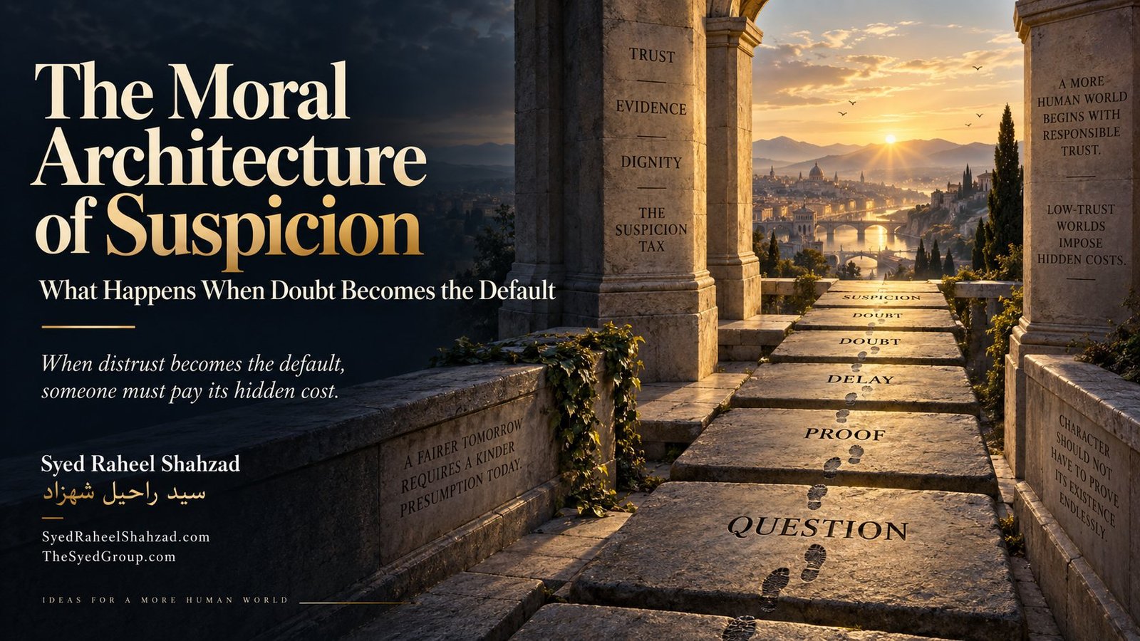 Philosophical artwork by Syed Raheel Shahzad showing a stone path marked by question, proof, delay and doubt leading toward trust, symbolizing the hidden burden created when suspicion becomes the default.