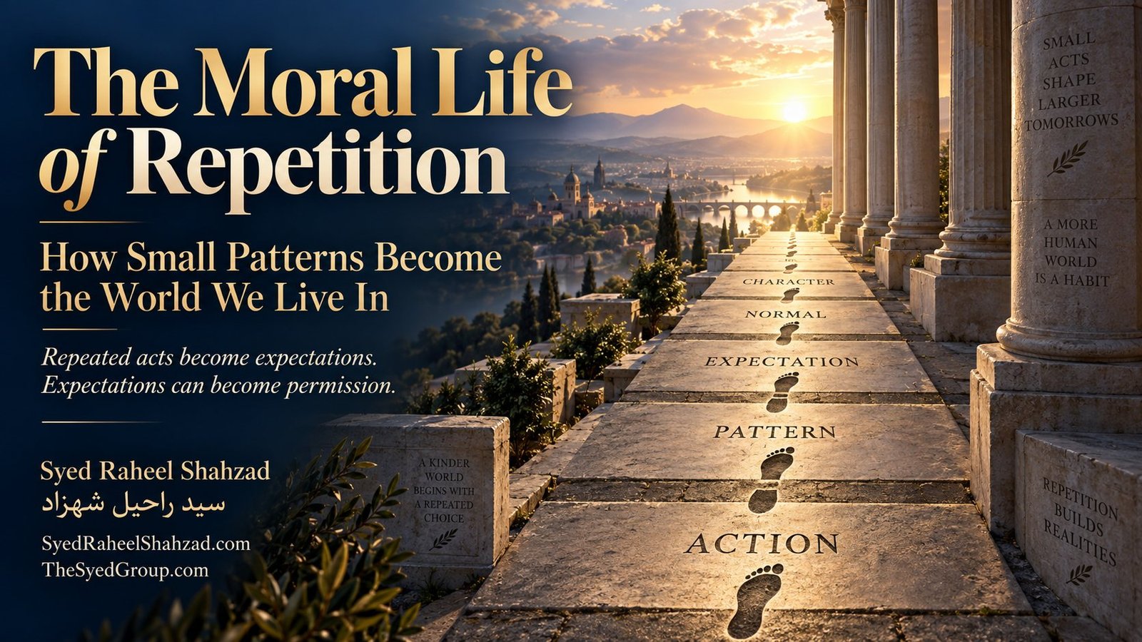 The Moral Life of Repetition — Syed Raheel Shahzad Philosophical artwork by Syed Raheel Shahzad showing repeated footsteps moving from action to pattern, expectation, normality and character, symbolizing how small recurring choices shape the moral world we inhabit.