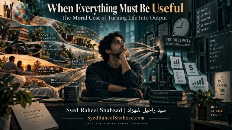 Philosophical artwork by Syed Raheel Shahzad contrasting art, music, family, books and rest with a machine that turns time and passion into metrics, income and output.
