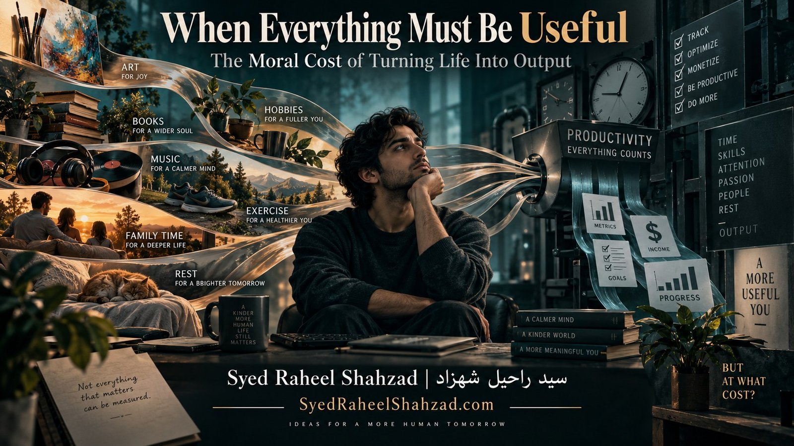 Philosophical artwork by Syed Raheel Shahzad contrasting art, music, family, books and rest with a machine that turns time and passion into metrics, income and output.
