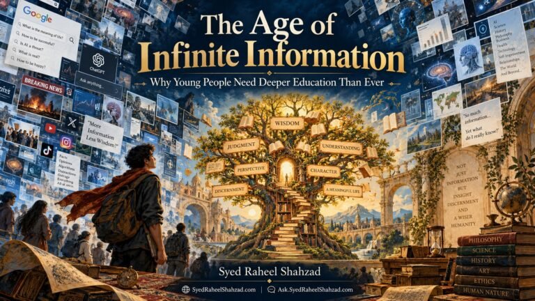 Philosophical educational artwork by Syed Raheel Shahzad contrasting walls of Google, AI, news and social-media information with a central tree of wisdom, judgment, understanding and discernment, symbolizing the need for deeper education in an age of infinite information.